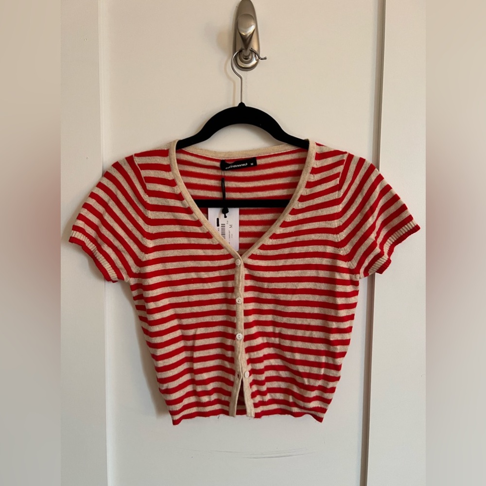 Striped Cropped Short Sleeve Cardigan in Red and Cream Stripe